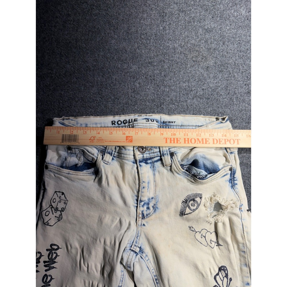 Rogue Mens‎ 30W Skinny Jeans Light Acid Wash Tattoo Graphic Distressed Punk Rock - Picture 5 of 8